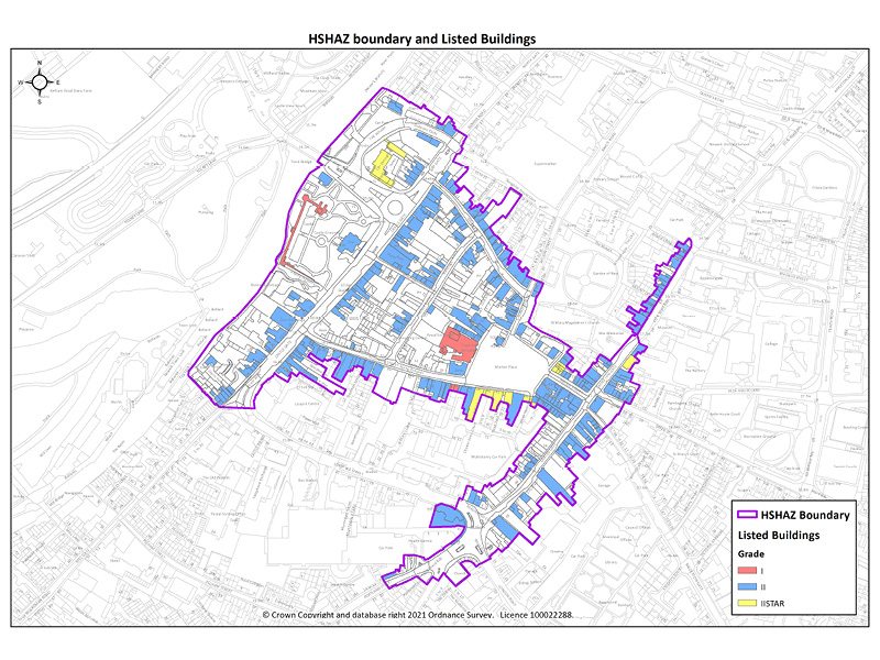 A map showing the boundary of the Heritage Action Zone in Newark and listed buildings within it